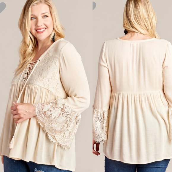Sweetbb Tops - Plus Size Natural Lace Up Blouse
